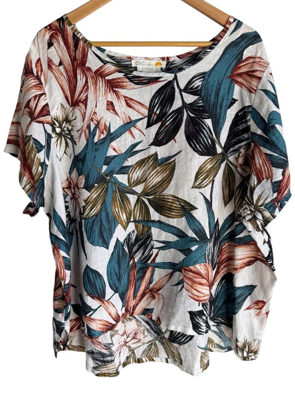 C&C California 100% Linen Tropical Top 2X Multicolour Floral Short Sleeve Shirt